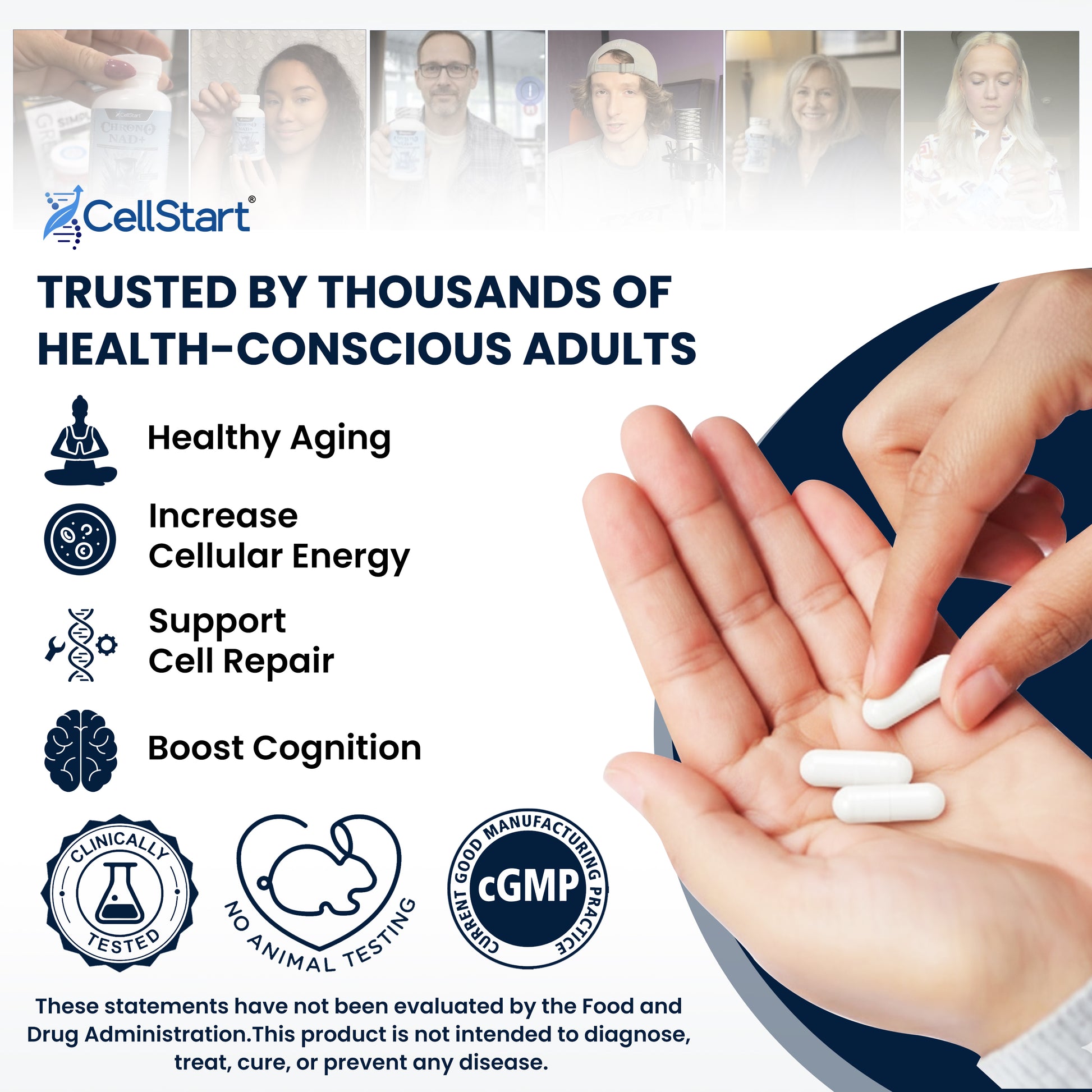 NAD+ Features and CellStart trusted Certifications, as well as the brand's many customers