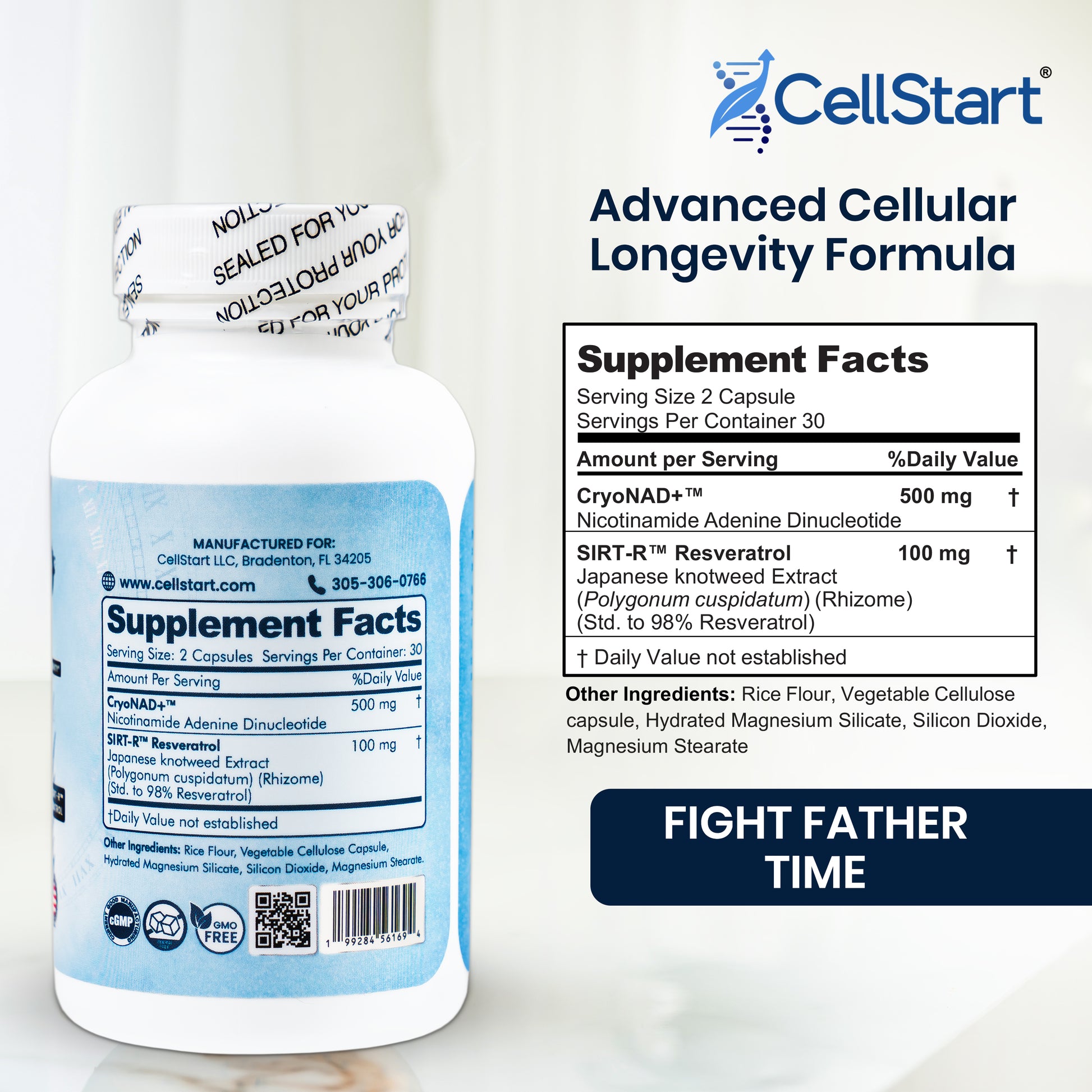 NAD+ bottle with it's supplement facts on a white background with longevity text