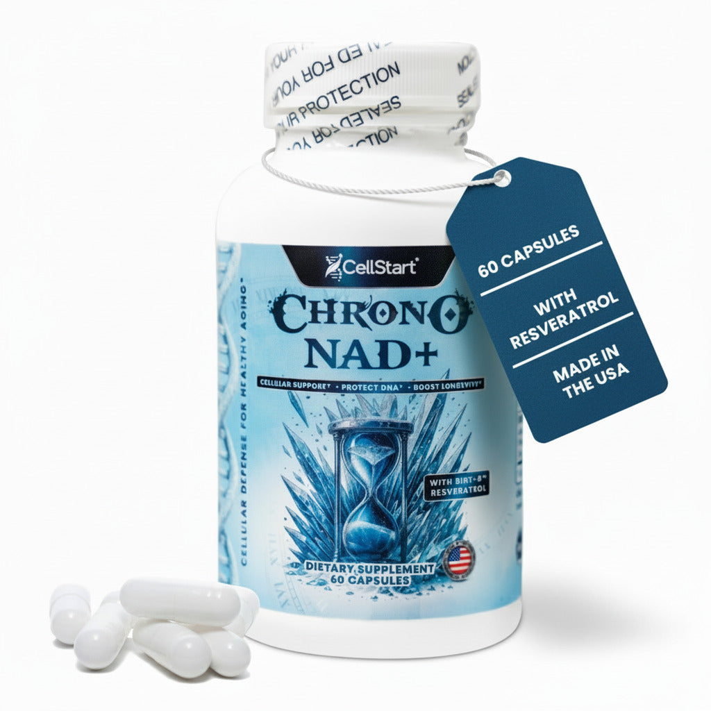 Supplement bottle labeled 'ChronoNAD+' with capsules on a white background